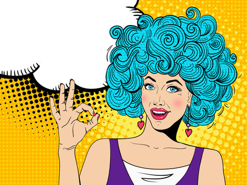  Young sexy happy surprised woman with open mouth shows OK sign and  speech bubble. Vector colorful background in pop art retro comic style.