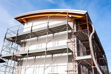 Construction scaffolding of a building under renovation.