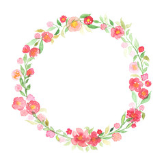 Hand drawn watercolor wreath with abstract flowers and leaves isolated on a white background