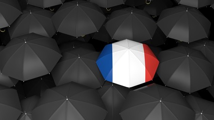 French flag umbrella over black umbrellas. 3d illustration © viperagp