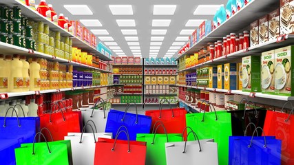 3D render of different products on shelves with colorful shopping bags - obrazy, fototapety, plakaty
