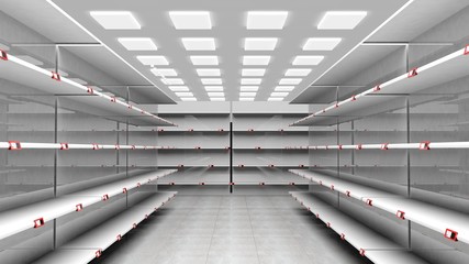 Corridor of supermarket with empty shelves