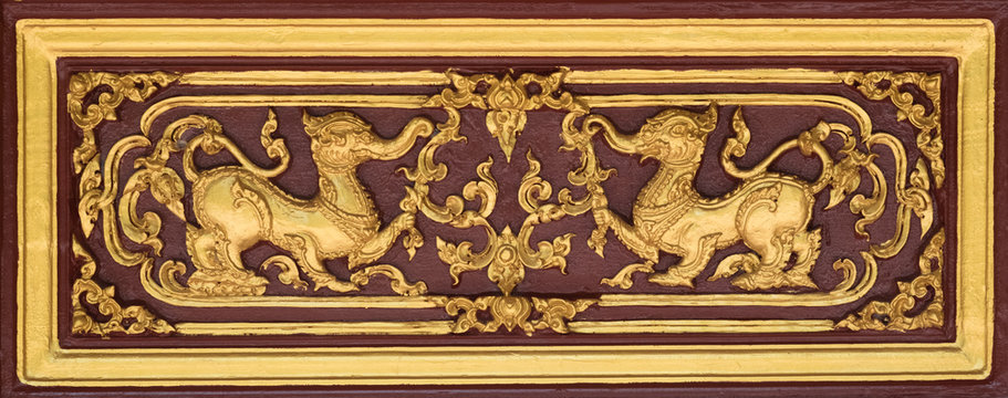 Thai traditional sculpture in Buddhist temple, Kochasri  mixed god animal between lion and elephant in Himmapan world.
