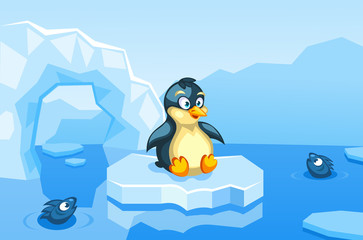 Illustration of a penguin on an arctic vector background with ice floes, icebergs, water and fishes