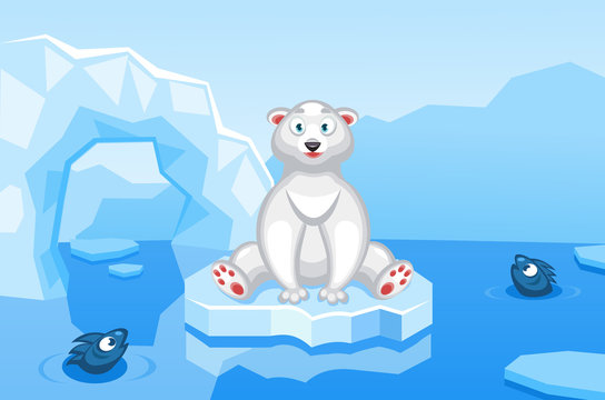 Illustration of a polar bear on an arctic vector background with ice floes, icebergs, water and fishes