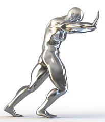 3d rendering of muscular man pushing covered  with metallic shader