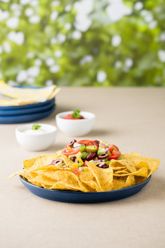 Vegetarian nachos with salsa and sour cream dips