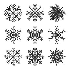 Set of geometric snowflakes with inticate patterns and crystal structure. Vector illustration.