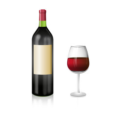 A bottle of red wine with and elegant wineglass. Realistic vector illustration.