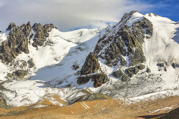 cirque glaciers, rocky road, red mountain stone, summer, glacial valleys, mountains, Kazakhstan,...