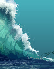 painted backdrop of a giant tsunami wave - obrazy, fototapety, plakaty