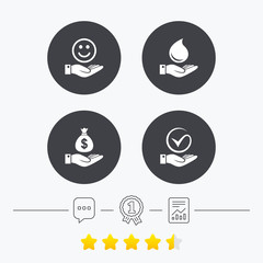Smile and hand icon. Water drop, Tick symbol.