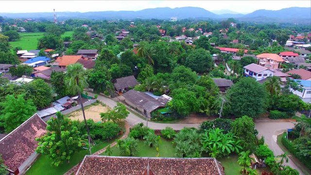 Aerialview of Wat Ton Khen, old wooden temple in lanna style, Chiang Mai, Thailand