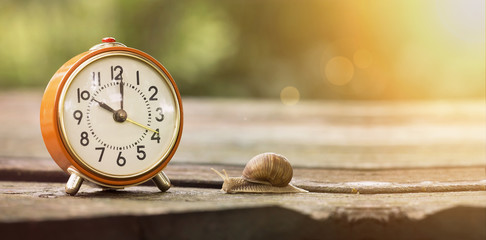 Retro alarm clock and slowly snail - time concept banner
