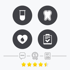Medical icons. Tooth, test tube, blood donation.