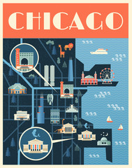 Vector poster illustration of map with landmarks of Chicago. Famous places, historical buildings, sightseeing and known museums. Flat style. - 118560595