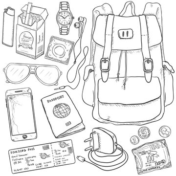 Vector Sketch Travel Set. Backpack, Ticket, Charger, Money, Passport, Cell Phone, Sunglasses, Condom, Cigarettes, Lighter, Watches, Headphones.