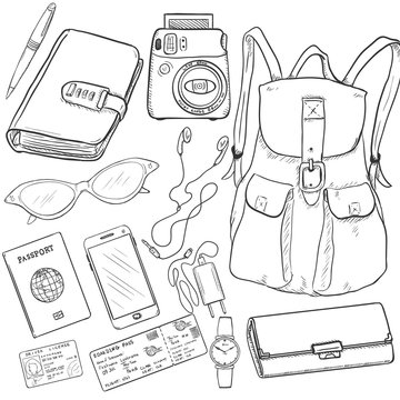 Vector Sketch Travel Set. Backpack, Purse, Watch, Ticket, Driver License, Passport, Mobille Phone, Headphones, Charger, Sunglasses, Notepad, Pen, Camera.