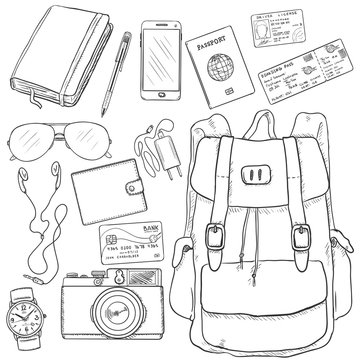 Vector Sketch Travel Set. Backpack, Camera, Watch, Credit Card, Wallet, Headphones, Sunglasses, Notepad, Pen, Cell Phone, Charger, Passport, Drivers ID, Avia Ticket.