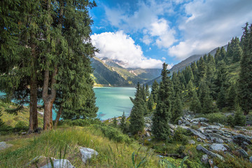 mountain lake, pine trees, Kazakhstan