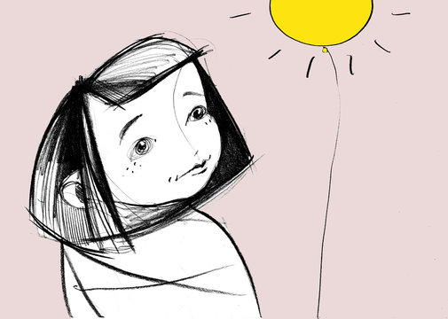Children's illustration of girl with sunny balloon