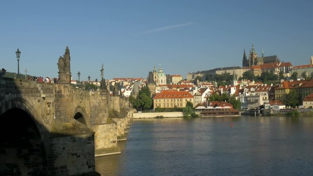 Static morning shot of the Charles Bridge and Prague Castle 