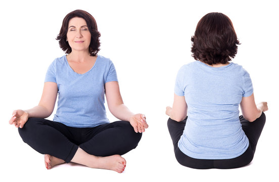 Front And Back View Of Mature Woman In Yoga Pose Isolated On Whi