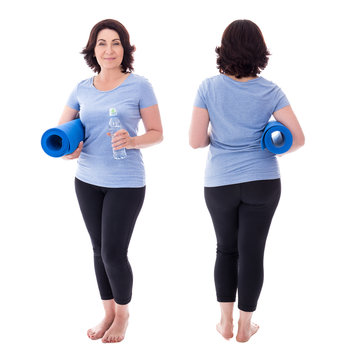 front and back view of mature woman in sportswear with yoga mat