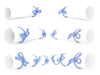 White paper rolls tied with blue ropes and nodes collection