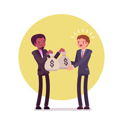 Black businessman is giving two sacks of money to white man. Cartoon vector flat-style concept illustration