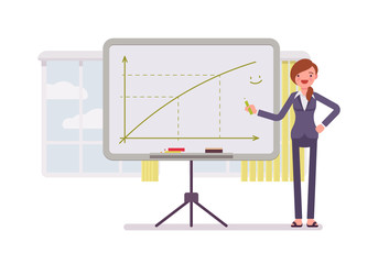 Woman in a formal wear drew a positive graph on the whiteboard. Cartoon vector flat-style concept illustration