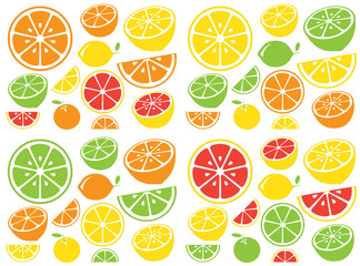 Collection of citrus slices - orange, lemon, lime and grapefruit, icons set, colorful isolated on white background, vector illustration.