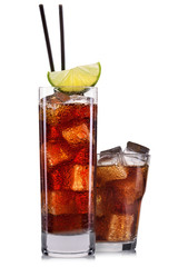 Set of blue cocktails with decoration from fruits and colorful straw isolated on white background.