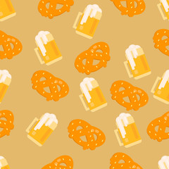 Beer and pretzel pattern. Seamless vector background for festivals, restaurants, menu and bars.
