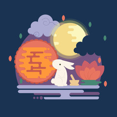 Chinese mid autumn festival illustration in flat style. Vector lunar festival concept with rabbit, mortar and pestle, moon cake and lotus flower.