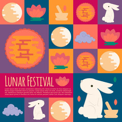 Chinese mid autumn festival icons in flat style. Vector lunar festival concept icons with rabbit, mortar and pestle, moon cake and lotus flower for web, mobile,  party invitations.