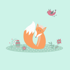 Cute fox sitting on lawn in forest with bird and flowers in cartoon style