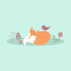 Cute fox lies on lawn in forest with bird and flowers in cartoon style
