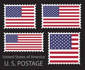 United States of America flag postage stamp set, isolated on black background, vector illustration.