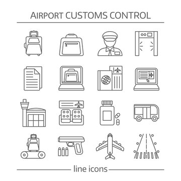 Airport Customs Control Linear Icons