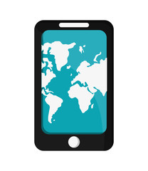 flat design modern cellphone with world map on screen icon vector illustration