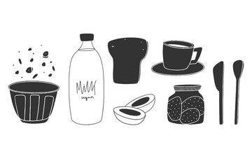 Breakfast illustration on the white background. Kitchen hand drawn food elements