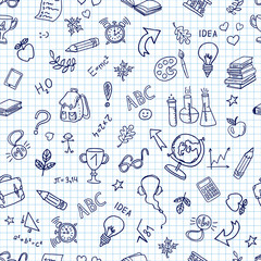 Back to school.  Doodle pen drawn background. Seamless pattern. Hand drawn colored vector design elements on  sketchbook checkered paper background. Vector illustration.