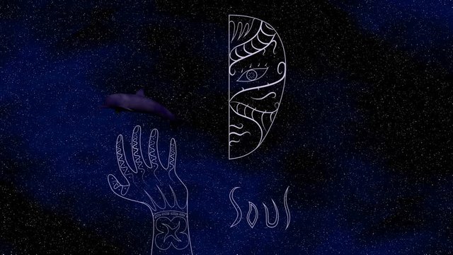 Glowing half face, hand tattoo and dolphin on a space background 3D illustration