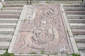 The red stone palace stairs in Fuling Tomb of Qing Dynasty, Shenyang, Liaoning Province, China. Fuling Tomb has been a UNESCO World Heritage Site since 2004.