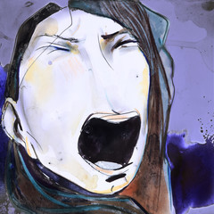 Dark illustration of face of a screaming woman