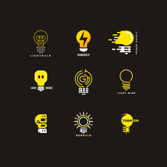 Set of bulb logo. Outline and flat. Power feed and energy supply. Bright ideas, creative thoughts. Vector design template