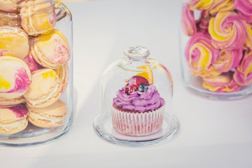 Delicious sweet wedding buffet with cupcakes, macaroons and other desserts