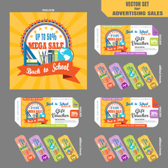 Advertising Back to school megasale vector set with poster and various gift vouchers on the gray background.