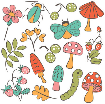 Mushrooms and insects doodle icon set